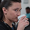 musesfool: trinity santos from the pitt drinking coffee (lord beer me strength)