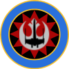 sharpiefan: A wide blue circle bordered by two narrow yellow cricles. The centre is black with a twelve-pointed red star, the Rebel Alliance symbol in grey and on top of it an X-wing silhouette in black (Renegade Squadron)