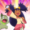 flamingstumpy: Iris jubilantly holding up a Pokéball in the air, while her Axew cheers for her. (pkmon º suck it)