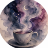 mosaicsoul: A moon-gray teacup beneath swirling watercolor steam that fades into a dreamy night sky of navy, plum, lavender, and scattered stars. (Default)