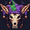 gothfvck: Coyote skull with reddish brown fur, silvery vampire fangs, ear rings, braided hair, a green and purple jester skull with jingle dress bells, black birds on her head (Default)