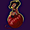 yarnofariadne: a small brown-skinned woman with her hair in a loose updo sits on top of an enormous red ball of yarn. (game: blue of the sea meets the sky)