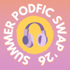summerpodficswap: Summer Podfic Swap '26, with a vibrant pink, soft purple, and orange color scheme (SPS 2026)