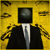 ton_618: Man in suit in front of a yellow background, his face censored by an infrared picture of the sun (ivan beck)