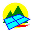 claudeb: Abstract icon of a window placed at an angle over distant green hills with the setting sun behind them. (social media)