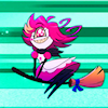 sarajayechan: Anime-style Niffty flying a broom across a green background ([Hazbin Hotel] Niffty)