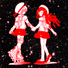 i_like_the_stars: Sakura and Tomoyo holding hands and smiling at each other. They are outlined in red and the background is an array of stars (CCS SakuTomo)