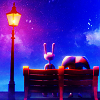 militarypenguin: Jax and Pomni sitting on a bench beneath a street lamp, from promotional art of The Amazing Digital Circus episode 9. (TADC - remember)