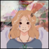 relaysystem: a picrew of a young blond girl with minimalistic clown make up and a witch stone necklace and an abstract background (Harper)