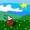 aurora_boreapples: An MSPaint drawing of Hornet from Hollow Knight/Silksong sitting in a field of flowers an gazing at the sky. (Silksong)