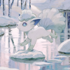 aurora_boreapples: An illustration of Alolan Vulpix from Pokemon jumping on rocks in a snow covered lake (Peaceful)