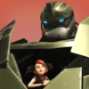 sheliak: Robot Bulkhead opens his chest to find that human Miko has stowed away inside of him. (miko: stowaway)