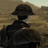 crossover_chick: my Courier, Victor (ultra white skin, black hair, in leather armor and a brimmed helmet with goggles) from behind, gazing out across the Mojave (FNV: Courier Victor Adventures)