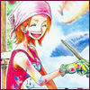 naye: Nami from One Piece smiling. She's covered in paint stains, and holding a paint brush. (nami - color)