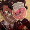 sarajayechan: Human Alastor with a glass of wine in front of his face. The red over his eye hints at his future. ([Hazbin Hotel] Human Alastor)