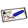 scribblesinblue: a gift set of a blue quill pen with a reddish ribbon around it, an inkwell, and a box with a stylized lining (Default)