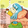 down: Manga image of Umi in bed, an alarm clock broken on her bedside table, and a hammer in her hand (Default)