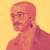 anduefex: a stylized illustration of a fellow with shaved hair, glasses, and a funky little mustache in warm. (Default)