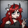 perpetual_prisma: a cartoon girl with long, red hair and demon horns. her eyes look sleepy, her tongue is sticking out and her hand is making a peace sign. (Default)