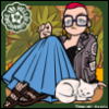 iimpavid: caricature of a reheaded purson seated wearing a black shirt, blue skirt, and grey battle jacket with a white cat sleeping beside them (Default)