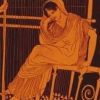kalypso: Penelope sitting at her loom, red figure on black (Penelope)
