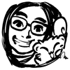maiji: Ink/brush-style illustration of the artist in a circular shape, showing a person wearing glasses and grinning next to a small squirrel-like creature squeezing in from the side and waving. (Default)