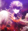 inkwell_carousel: Jyushi Aimono from Hypmic holding handcuffs, with an overlay of a cloudy purple sky and a crescent moon (Default)