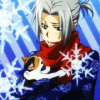 ravensilversea: Katekyou Hitman Reborn Gokudera Hayato wearing a blue sweater, a red scarf, and cradling a calico cat in his arms. Snowflakes are superimposed over him (cats)