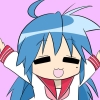 minibit: Konata Izumi from the manga/anime Lucky Star is drawn especially stylized/cute, she 'floats', arms extended outward, her eyes close and softened like = signs, if she were making sound it'd be 'uwaaa~' (happy)