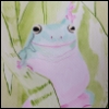 mushroomfrog: Watercolour painting of a teal frog with pink accents, balancing on green plants, like Spiderman (chonky watercolour)