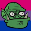 bookscorpion: a green ork's face with bi pride background (Default)