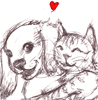 esotaria: A drawing of a cat hugging a puppy with a little heart (Dogs: Snuggles)