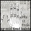 copracat: illustration of skeleton hands on typewriter with text 'pry it from my cold dead hands' (cold typewriter)