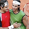 copracat: Roger Federer and Rafael Nadal in post-match half-hug (rogerxrafa)