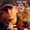 etrangerici: Jack, in full gear, with folded hands in fingerless gloves and text: it's my job to fuck with you. (ManipulativeBastard!Jack)