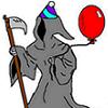 citrine_too: cartoon Death w/balloon and party hat (Death takes a holiday)