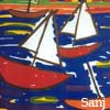 sanj: A painting of three red boats on the water (Big red boat)
