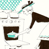 chalcopyrite: A vintage illustration of a woman wearing a wide-brimmed hat putting something into/taking something out of an oven. (food: baking)