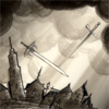 fairytaleknight: A charcoal-on-sepia drawn image of two swords hovering above the town (story: two swords in Gold Crown Town)
