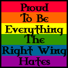 redbird: Text "Proud to be everything the right wing hates" on rainbow background (proud)