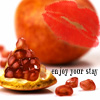 ardat_lili: An open pomegranate, a lipstick mark, and the words 'enjoy your stay' (lipstick, persephone, pomegranate, queenly)