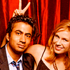phinnia: anne dudek making devil's horns behind kal penn's head (anne and kal)