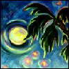 forthwritten: painting of palm trees against a yellow moon and a dark blue sky (yellow moon)