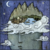 forthwritten: painting of a person's head with clouds filling it and a tiny city and park floating on the clouds (remembrance)