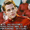 nextian: Kirk with the text: "No military functions are to be performed 'skyclad.'" (things kirk can't do)