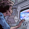odditycollector: Woman staring through a window of a space shuttle. The curve of the Earth fills her view, bright and blue. (Perspective)