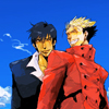 miami_tea: Fanart of Vash the Stampede posing in front of Wolfwood with a blue sky for background, both are smiling. ([Trigun] - Vash+Wolfwood - Blue Skies)