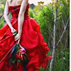 cleo: (Stock: Red dress and flowers surprise)