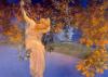 leora: A girl in a garden on a swing. The setting is dusky and somewhat fantasyish. (Default)