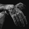 chalcopyrite: A black and white close-up of Frank Iero's (very tattooed) hands. (bandom: frank handporn)